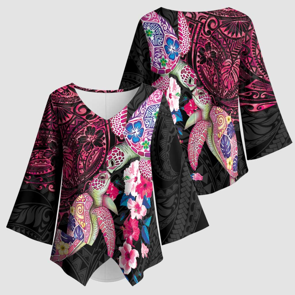 Hawaiian Couple Turtles Honi Kimono Sleeve Blouse Polynesian Art Motifs and Hibiscus Black Red Color - Polynesian Pride