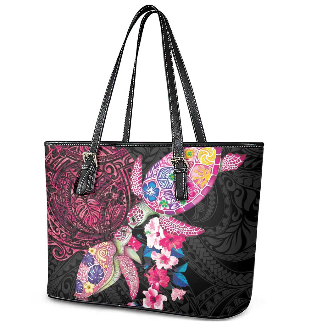 Hawaiian Couple Turtles Honi Leather Tote Bag Polynesian Art Motifs and Hibiscus Black Red Color - Polynesian Pride