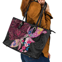 Hawaiian Couple Turtles Honi Leather Tote Bag Polynesian Art Motifs and Hibiscus Black Red Color - Polynesian Pride