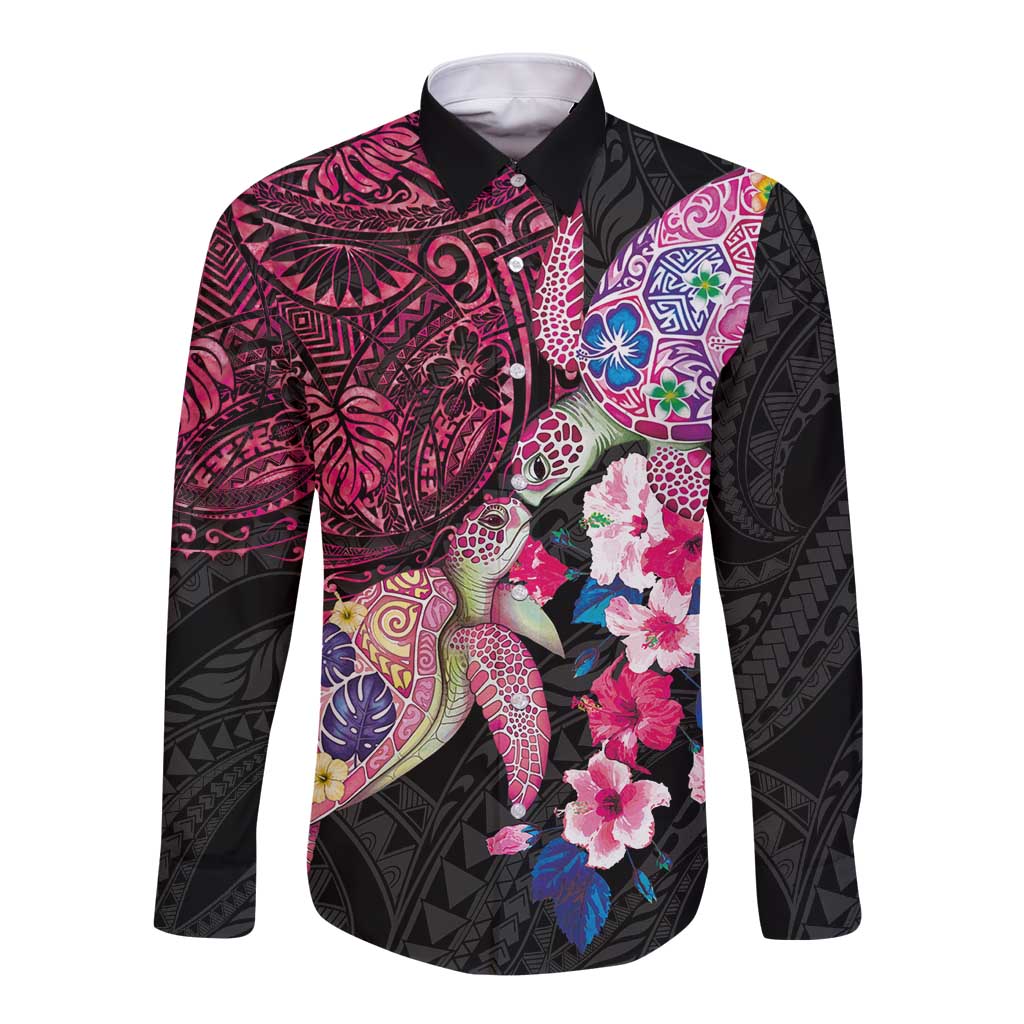 Hawaiian Couple Turtles Honi Long Sleeve Button Shirt Polynesian Art Motifs and Hibiscus Black Red Color - Polynesian Pride