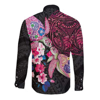 Hawaiian Couple Turtles Honi Long Sleeve Button Shirt Polynesian Art Motifs and Hibiscus Black Red Color - Polynesian Pride