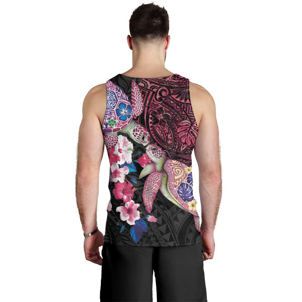 Hawaiian Couple Turtles Honi Men Tank Top Polynesian Art Motifs and Hibiscus Black Red Color - Polynesian Pride