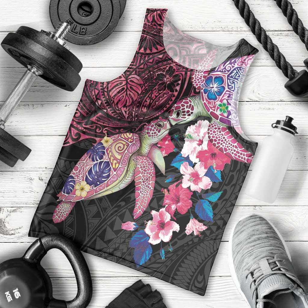 Hawaiian Couple Turtles Honi Men Tank Top Polynesian Art Motifs and Hibiscus Black Red Color - Polynesian Pride