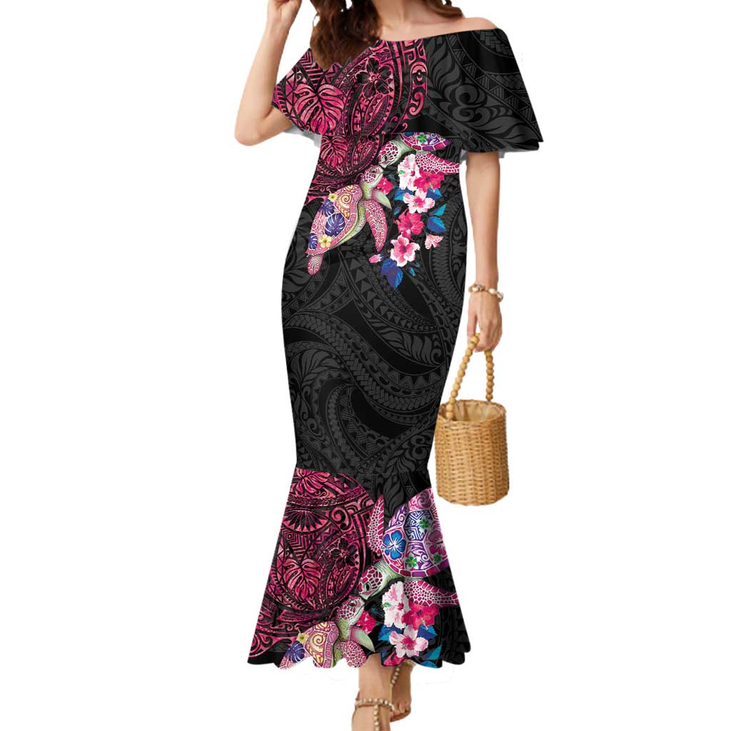 Hawaiian Couple Turtles Honi Mermaid Dress Polynesian Art Motifs and Hibiscus Black Red Color - Polynesian Pride