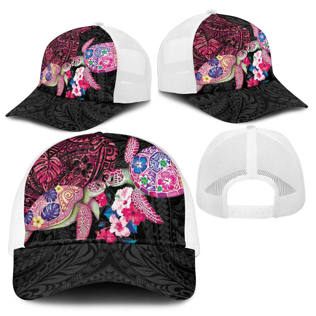 Hawaiian Couple Turtles Honi Mesh Trucker Cap Polynesian Art Motifs and Hibiscus Black Red Color - Polynesian Pride