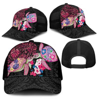 Hawaiian Couple Turtles Honi Mesh Trucker Cap Polynesian Art Motifs and Hibiscus Black Red Color - Polynesian Pride