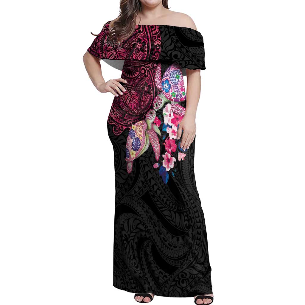 Hawaiian Couple Turtles Honi Off Shoulder Maxi Dress Polynesian Art Motifs and Hibiscus Black Red Color - Polynesian Pride