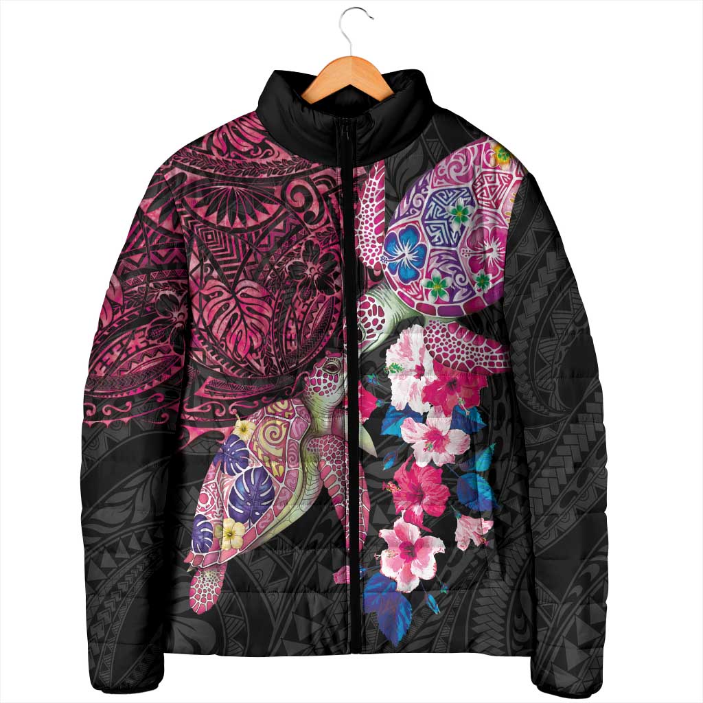 Hawaiian Couple Turtles Honi Padded Jacket Polynesian Art Motifs and Hibiscus Black Red Color - Polynesian Pride
