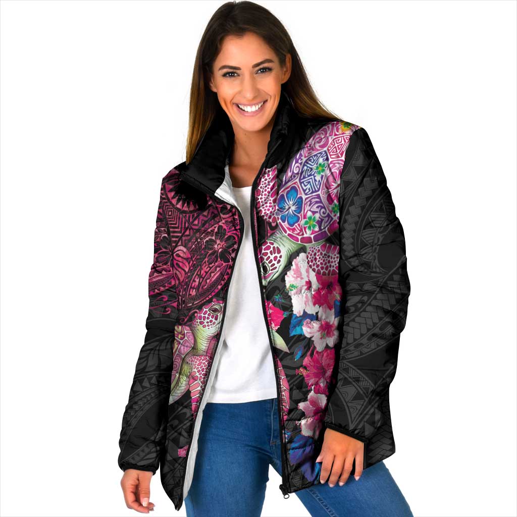 Hawaiian Couple Turtles Honi Padded Jacket Polynesian Art Motifs and Hibiscus Black Red Color - Polynesian Pride