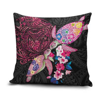 Hawaiian Couple Turtles Honi Pillow Cover Polynesian Art Motifs and Hibiscus Black Red Color - Polynesian Pride
