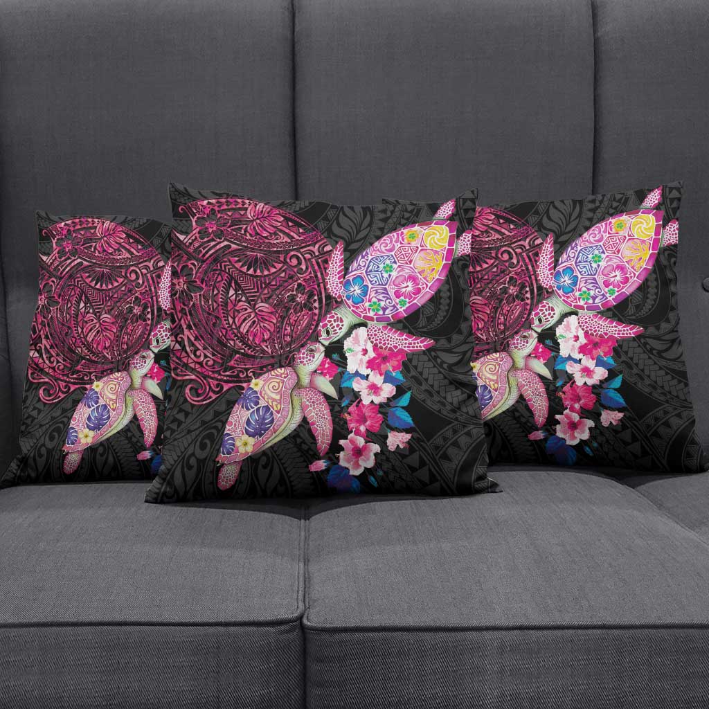Hawaiian Couple Turtles Honi Pillow Cover Polynesian Art Motifs and Hibiscus Black Red Color - Polynesian Pride