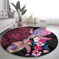Hawaiian Couple Turtles Honi Round Carpet Polynesian Art Motifs and Hibiscus Black Red Color - Polynesian Pride