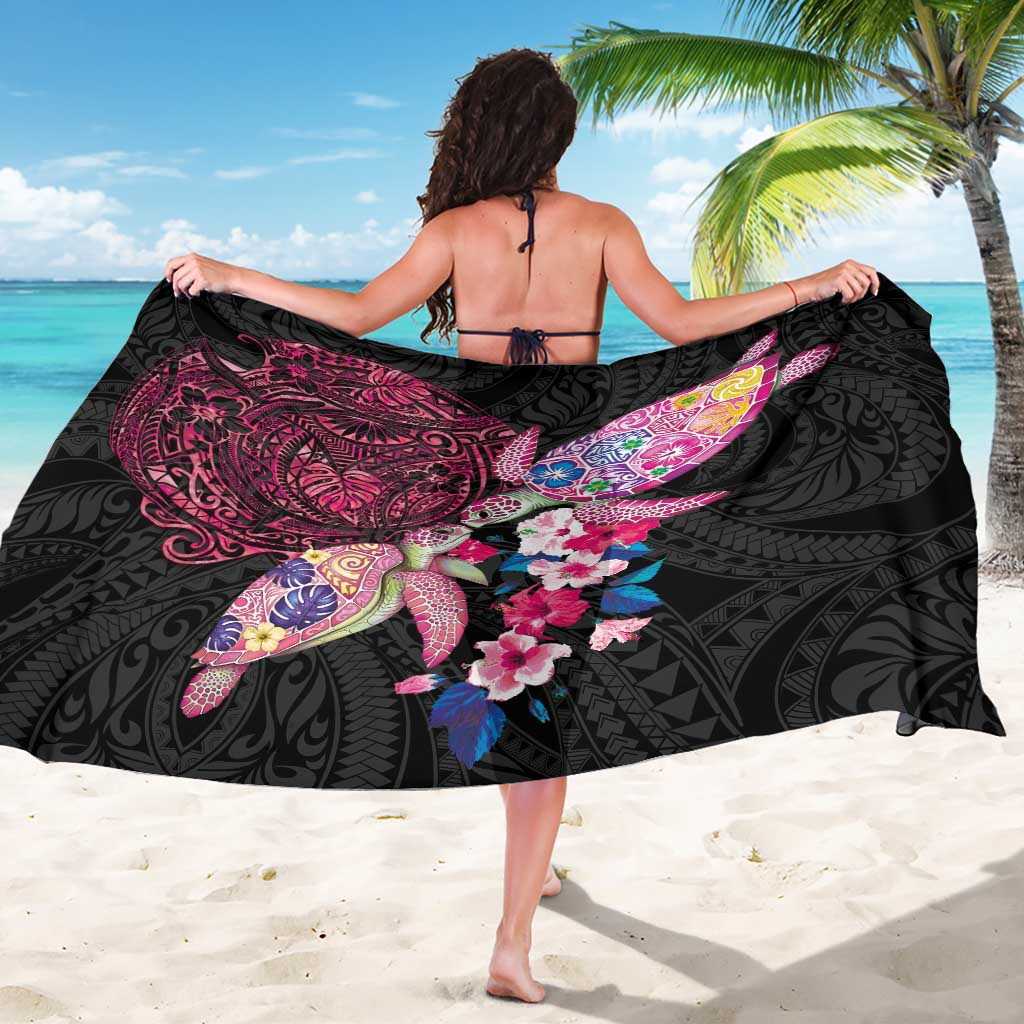Hawaiian Couple Turtles Honi Sarong Polynesian Art Motifs and Hibiscus Black Red Color - Polynesian Pride