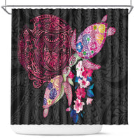 Hawaiian Couple Turtles Honi Shower Curtain Polynesian Art Motifs and Hibiscus Black Red Color - Polynesian Pride
