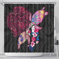 Hawaiian Couple Turtles Honi Shower Curtain Polynesian Art Motifs and Hibiscus Black Red Color - Polynesian Pride