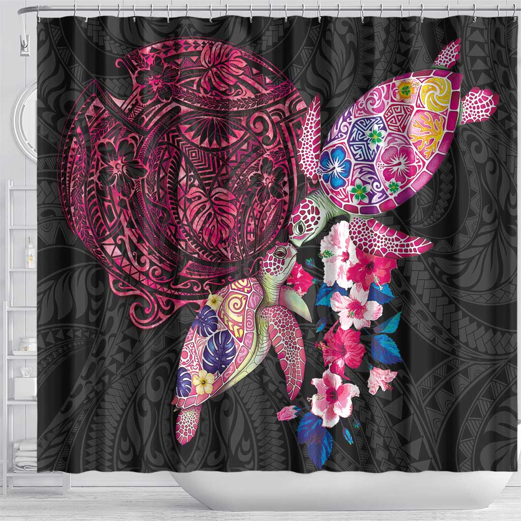 Hawaiian Couple Turtles Honi Shower Curtain Polynesian Art Motifs and Hibiscus Black Red Color - Polynesian Pride