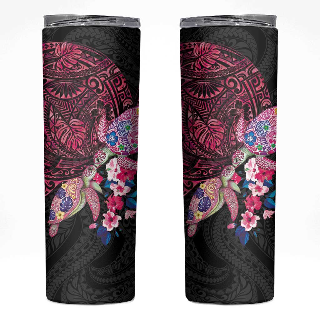 Hawaiian Couple Turtles Honi Skinny Tumbler Polynesian Art Motifs and Hibiscus Black Red Color - Polynesian Pride