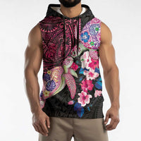 Hawaiian Couple Turtles Honi Sleeveless Hoodie Polynesian Art Motifs and Hibiscus Black Red Color - Polynesian Pride