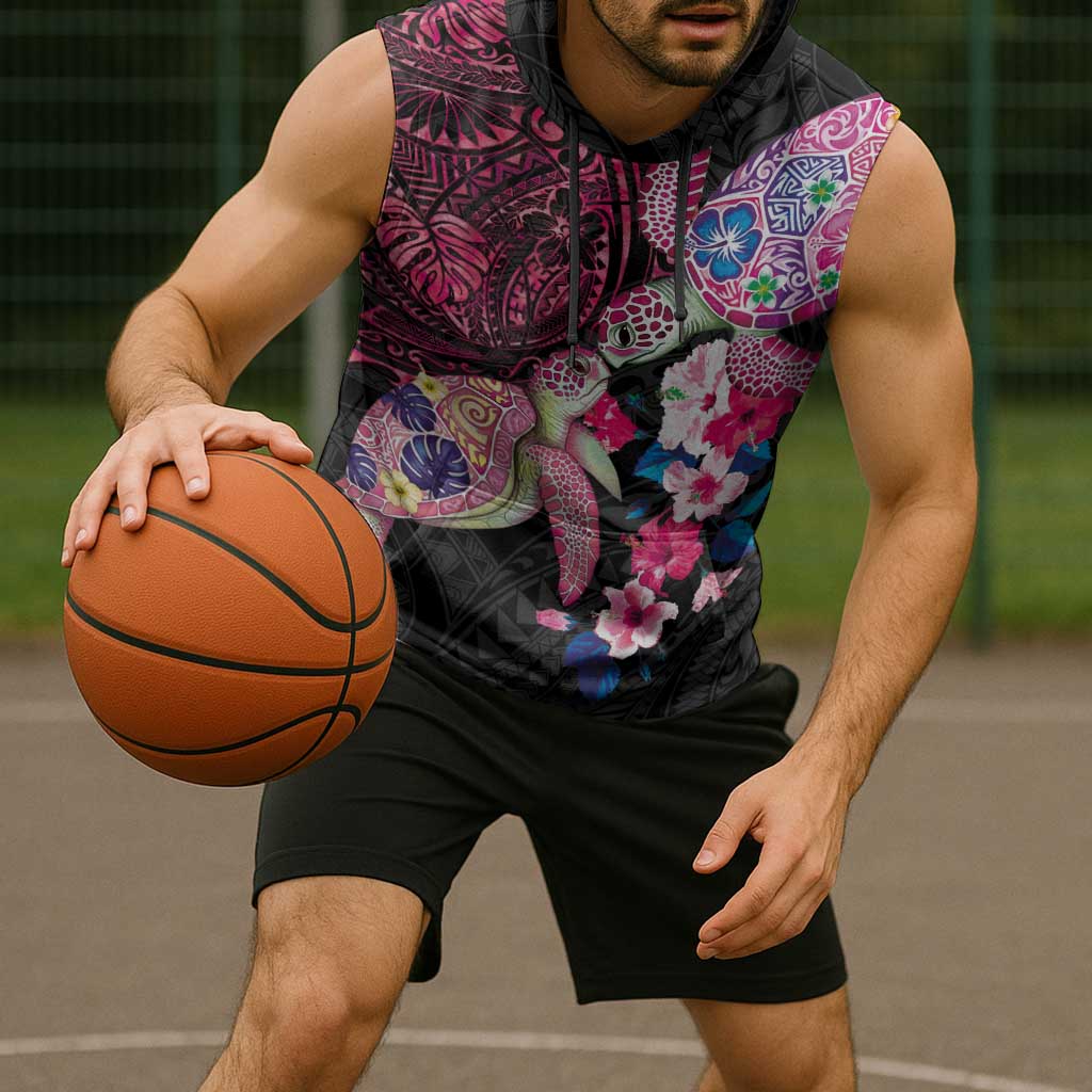 Hawaiian Couple Turtles Honi Sleeveless Hoodie Polynesian Art Motifs and Hibiscus Black Red Color - Polynesian Pride