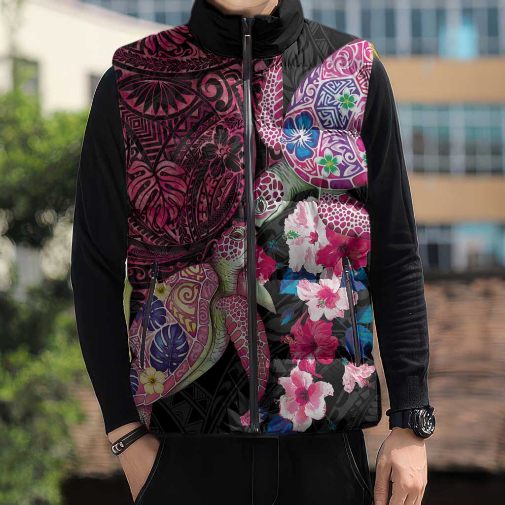 Hawaiian Couple Turtles Honi Sleeveless Puffer Jacket Polynesian Art Motifs and Hibiscus Black Red Color - Polynesian Pride