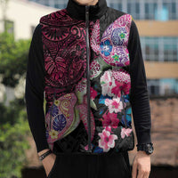 Hawaiian Couple Turtles Honi Sleeveless Puffer Jacket Polynesian Art Motifs and Hibiscus Black Red Color - Polynesian Pride