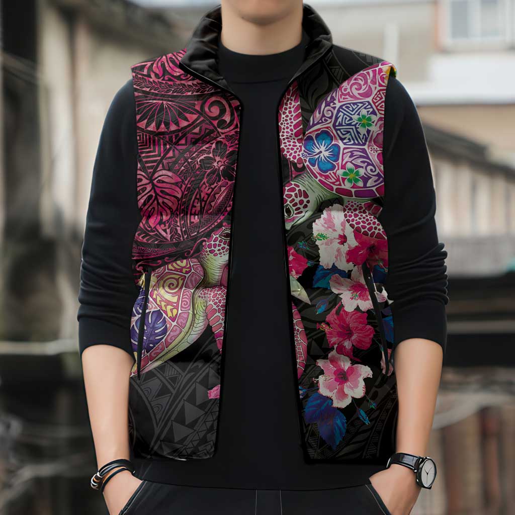 Hawaiian Couple Turtles Honi Sleeveless Puffer Jacket Polynesian Art Motifs and Hibiscus Black Red Color - Polynesian Pride
