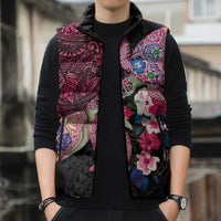 Hawaiian Couple Turtles Honi Sleeveless Puffer Jacket Polynesian Art Motifs and Hibiscus Black Red Color - Polynesian Pride