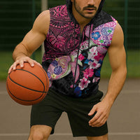 Hawaiian Couple Turtles Honi Sleeveless Zip Hoodie Polynesian Art Motifs and Hibiscus Black Red Color - Polynesian Pride