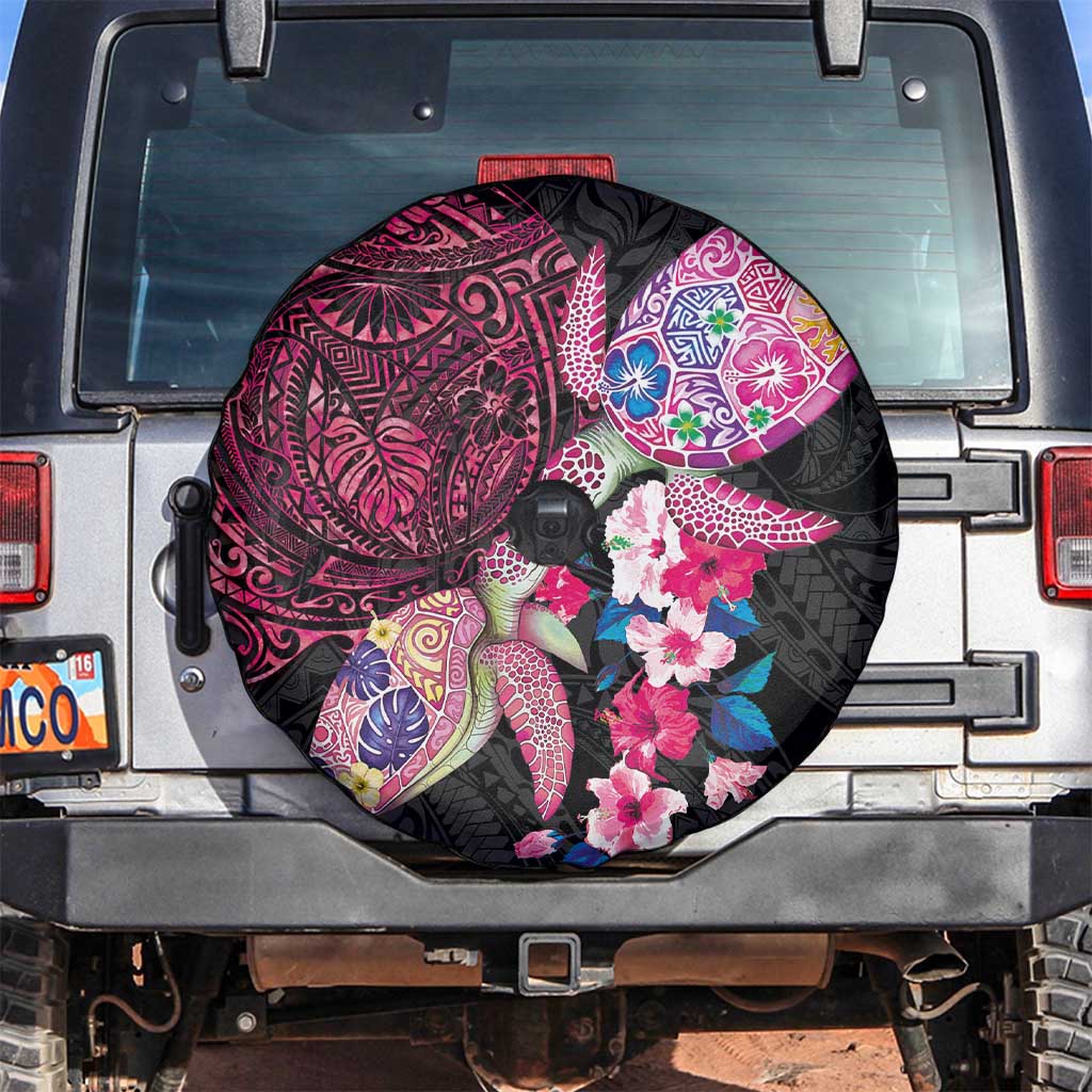 Hawaiian Couple Turtles Honi Spare Tire Cover Polynesian Art Motifs and Hibiscus Black Red Color - Polynesian Pride