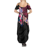 Hawaiian Couple Turtles Honi Summer Maxi Dress Polynesian Art Motifs and Hibiscus Black Red Color - Polynesian Pride