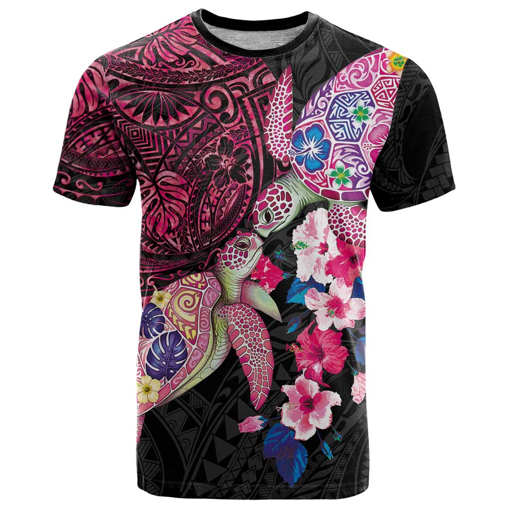 Hawaiian Couple Turtles Honi T Shirt Polynesian Art Motifs and Hibiscus Black Red Color - Polynesian Pride