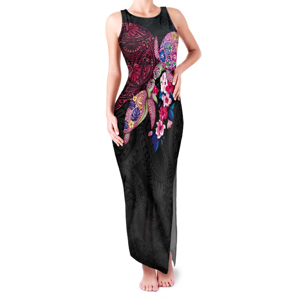 Hawaiian Couple Turtles Honi Tank Maxi Dress Polynesian Art Motifs and Hibiscus Black Red Color - Polynesian Pride