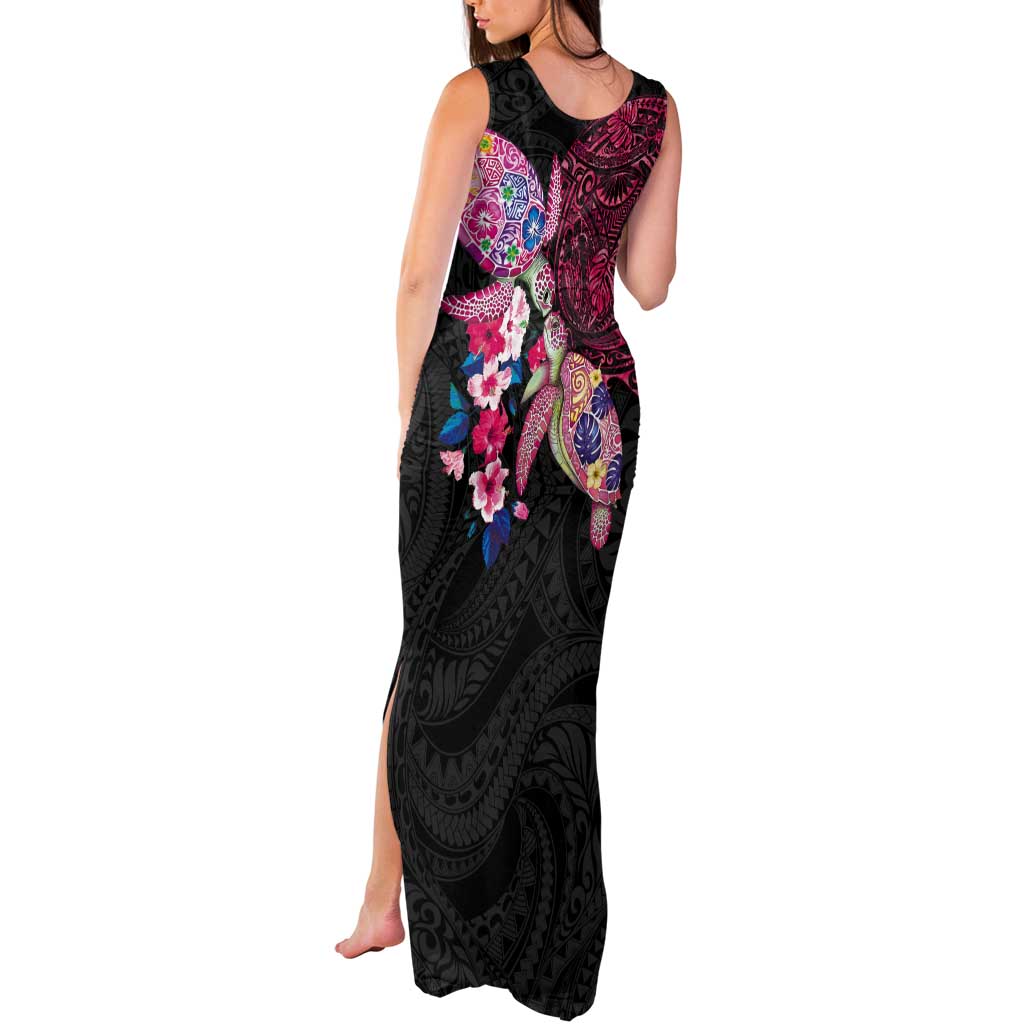 Hawaiian Couple Turtles Honi Tank Maxi Dress Polynesian Art Motifs and Hibiscus Black Red Color - Polynesian Pride