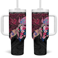 Hawaiian Couple Turtles Honi Tumbler With Handle Polynesian Art Motifs and Hibiscus Black Red Color - Polynesian Pride