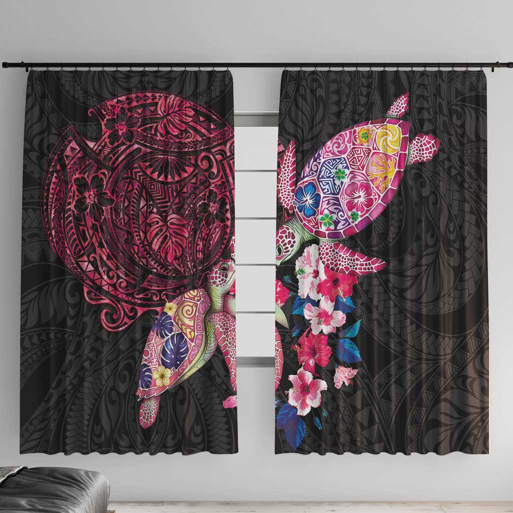 Hawaiian Couple Turtles Honi Window Curtain Polynesian Art Motifs and Hibiscus Black Red Color - Polynesian Pride