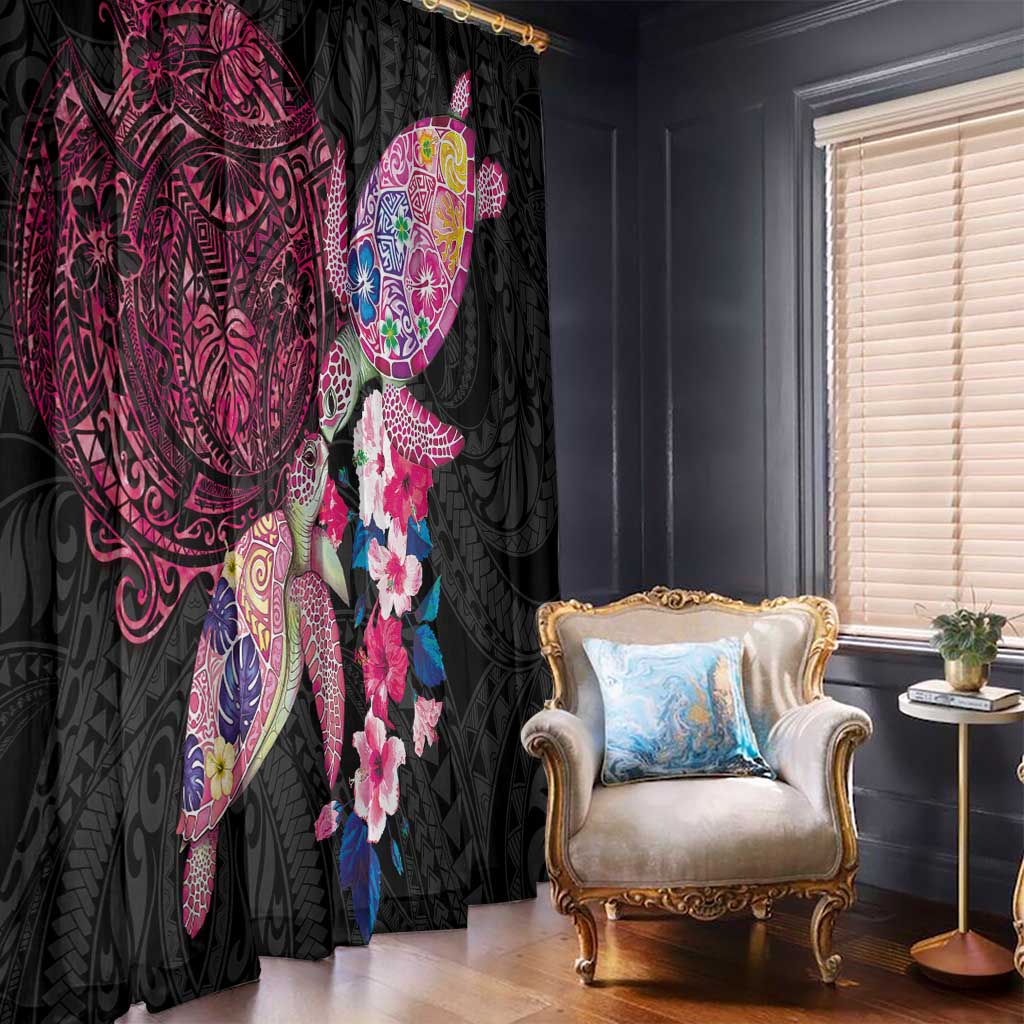 Hawaiian Couple Turtles Honi Window Curtain Polynesian Art Motifs and Hibiscus Black Red Color - Polynesian Pride