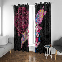 Hawaiian Couple Turtles Honi Window Curtain Polynesian Art Motifs and Hibiscus Black Red Color - Polynesian Pride