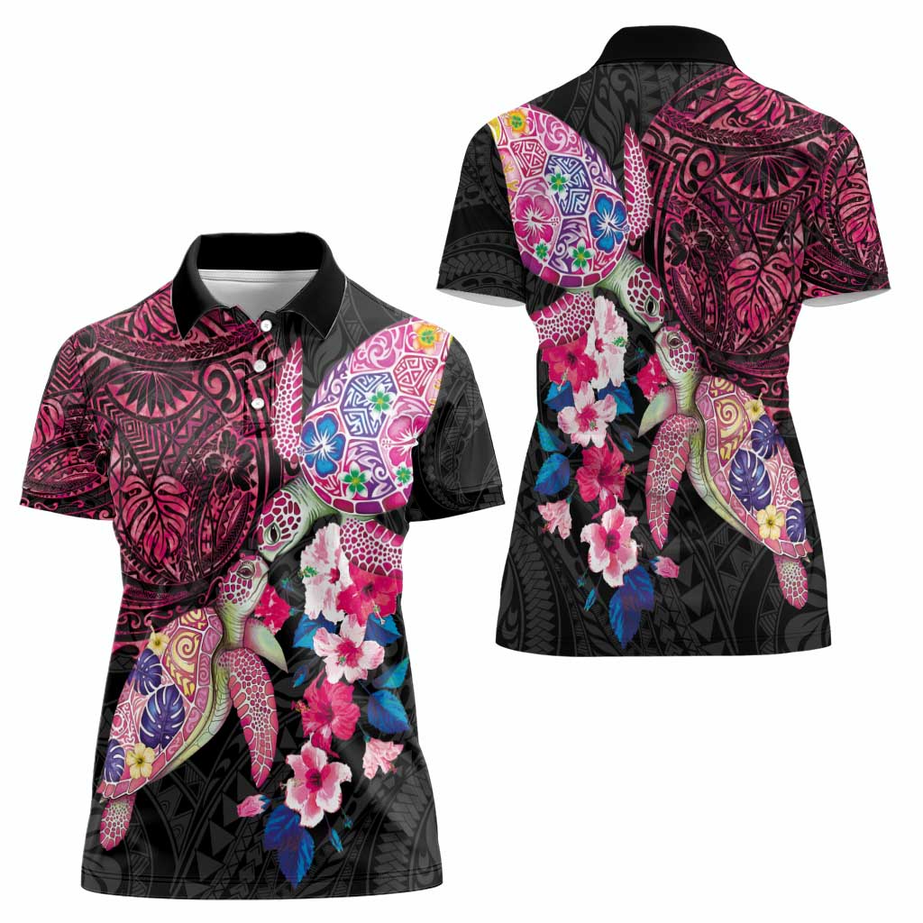 Hawaiian Couple Turtles Honi Women Polo Shirt Polynesian Art Motifs and Hibiscus Black Red Color - Polynesian Pride