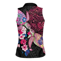 Hawaiian Couple Turtles Honi Women Sleeveless Polo Shirt Polynesian Art Motifs and Hibiscus Black Red Color - Polynesian Pride