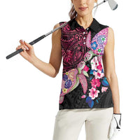 Hawaiian Couple Turtles Honi Women Sleeveless Polo Shirt Polynesian Art Motifs and Hibiscus Black Red Color - Polynesian Pride