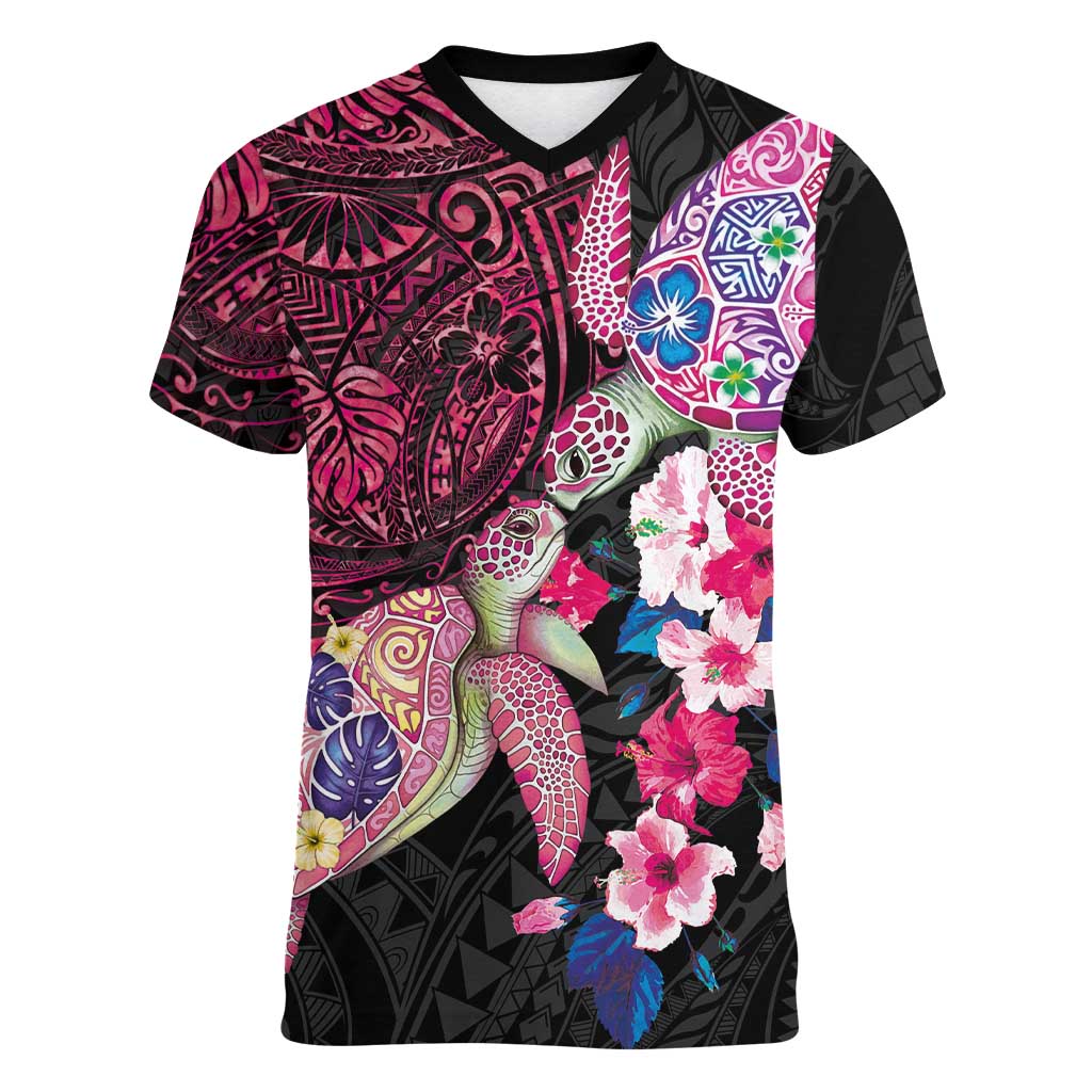 Hawaiian Couple Turtles Honi Women V-Neck T-Shirt Polynesian Art Motifs and Hibiscus Black Red Color LT03 Female Black - Polynesian Pride