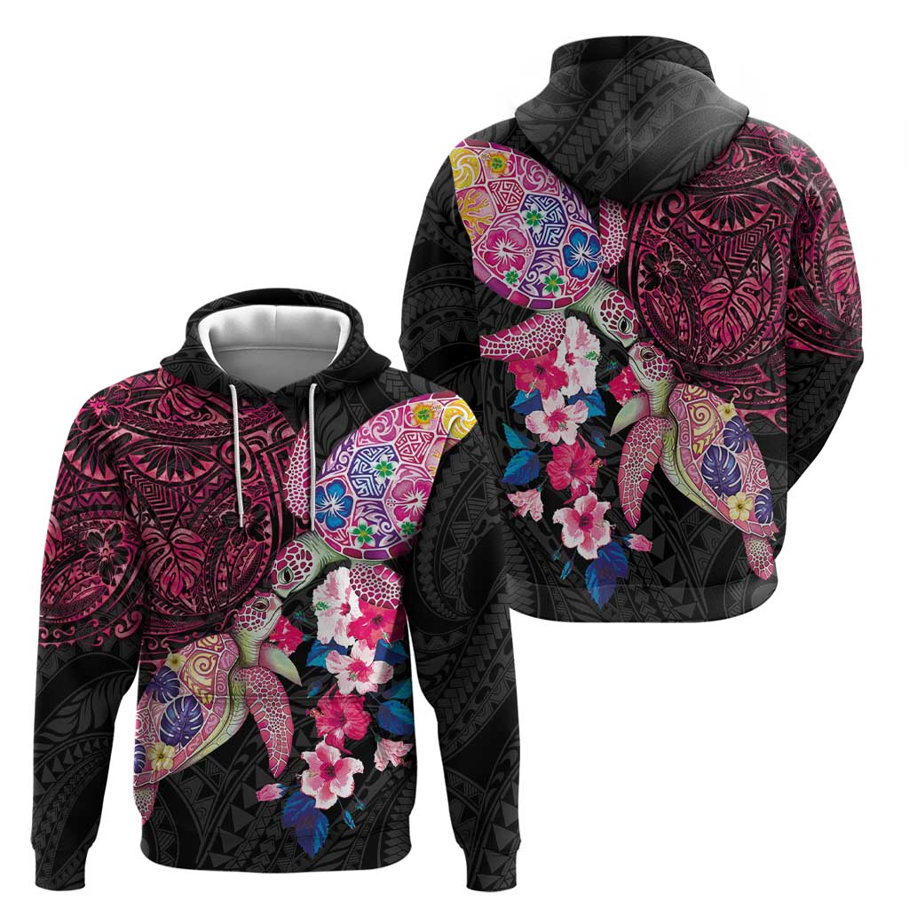 Hawaiian Couple Turtles Honi Zip Hoodie Polynesian Art Motifs and Hibiscus Black Red Color - Polynesian Pride