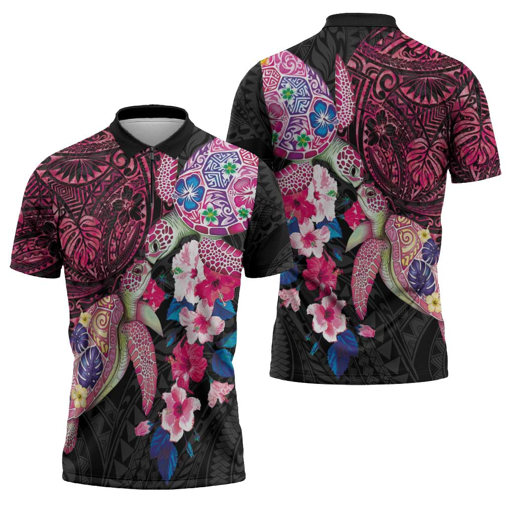 Hawaiian Couple Turtles Honi Zipper Polo Shirt Polynesian Art Motifs and Hibiscus Black Red Color - Polynesian Pride