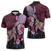 Hawaiian Couple Turtles Honi Zipper Polo Shirt Polynesian Art Motifs and Hibiscus Black Red Color - Polynesian Pride