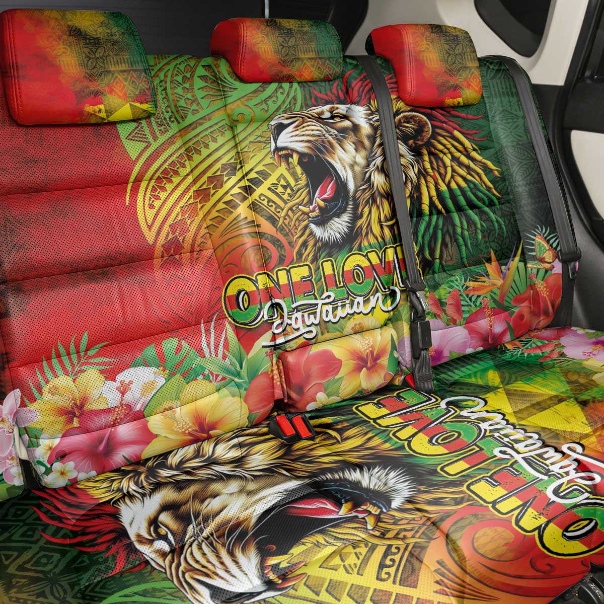 Hawaiian Reggae Back Car Seat Cover Jawaiian One Love-Tribal Tatoos and Rastafari Lion - Polynesian Pride