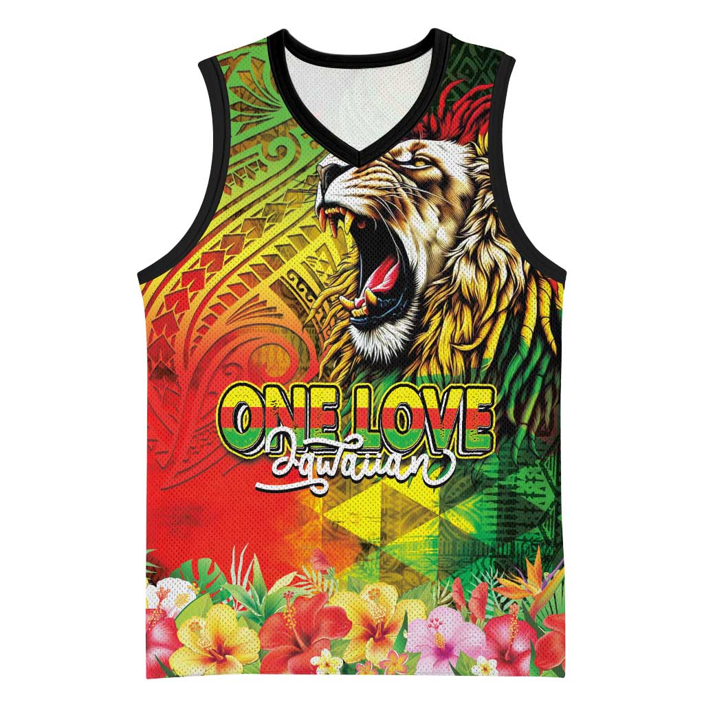 Hawaiian Reggae Basketball Jersey Jawaiian One Love-Tribal Tatoos and Rastafari Lion - Polynesian Pride