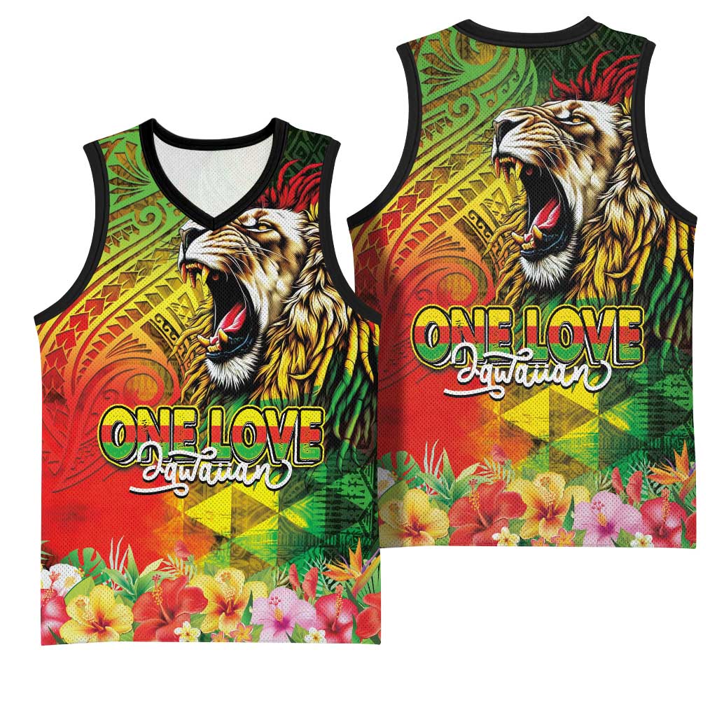 Hawaiian Reggae Basketball Jersey Jawaiian One Love-Tribal Tatoos and Rastafari Lion - Polynesian Pride