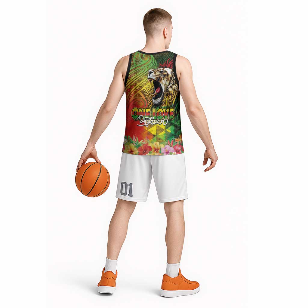Hawaiian Reggae Basketball Jersey Jawaiian One Love-Tribal Tatoos and Rastafari Lion - Polynesian Pride