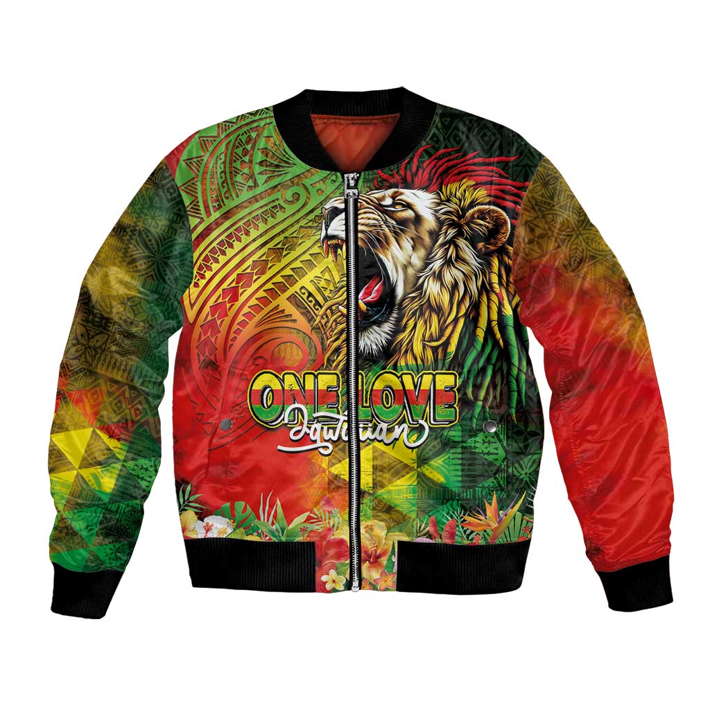Hawaiian Reggae Bomber Jacket Jawaiian One Love-Tribal Tatoos and Rastafari Lion - Polynesian Pride