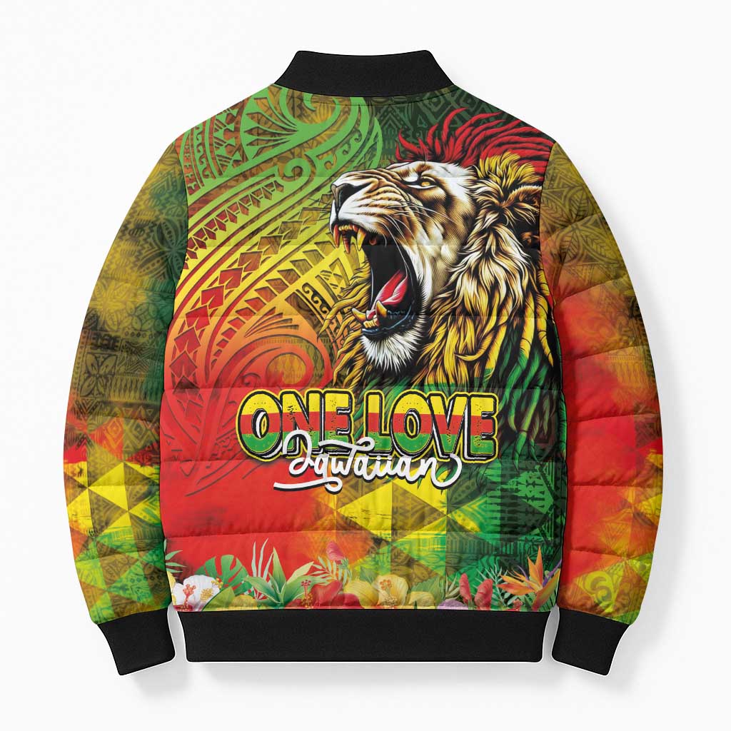 Hawaiian Reggae Bomber Puffer Jacket Jawaiian One Love-Tribal Tatoos and Rastafari Lion - Polynesian Pride